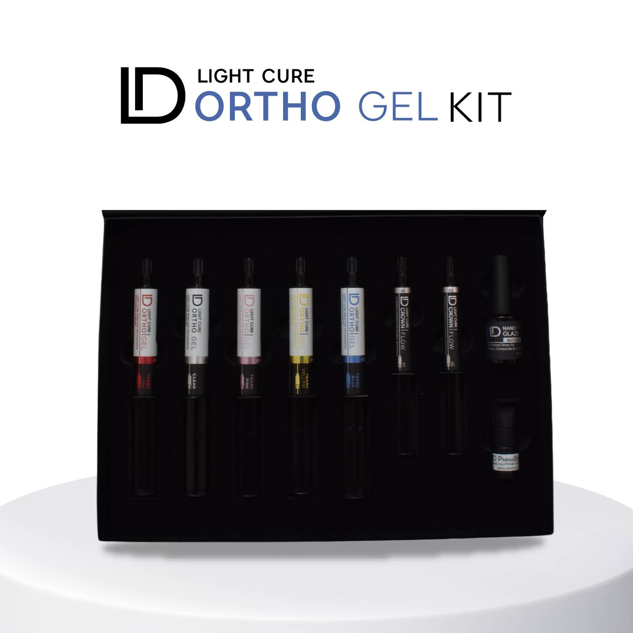 Kit Resina Fluida Fotopolimerizable para Aparatos de Ortodoncia ID ORTHO GEL MASTER – 5 Tonalidades, 2 Tonalidades Crown Flow, PMMA Bond y Nano Glaze