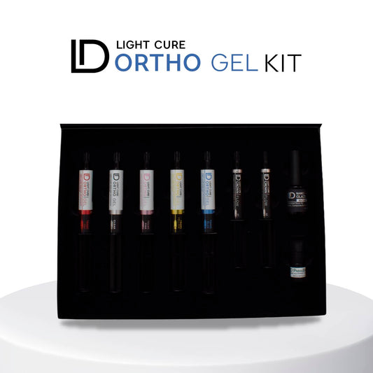 Kit Resina Fluida Fotopolimerizable para Aparatos de Ortodoncia ID ORTHO GEL MASTER – 5 Tonalidades, 2 Tonalidades Crown Flow, PMMA Bond y Nano Glaze